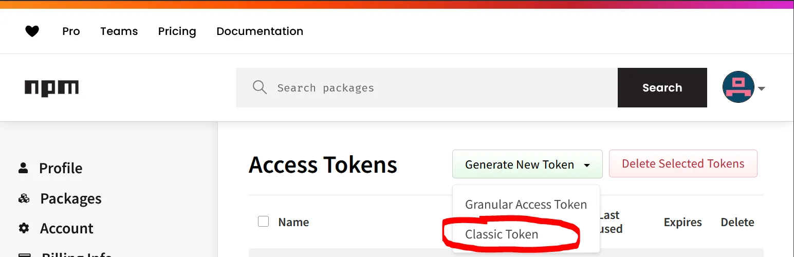 Кнопка Generate New Token