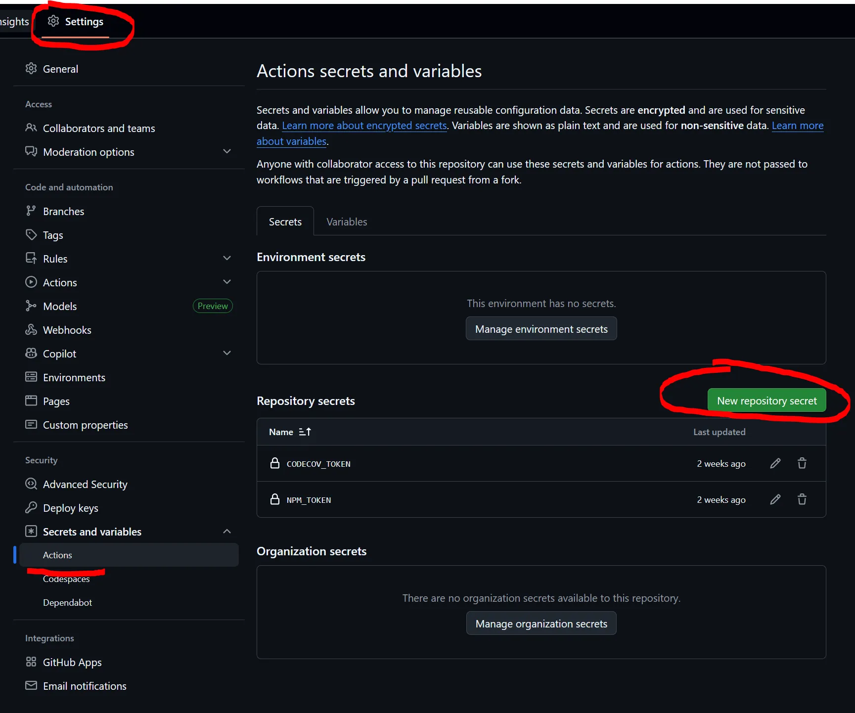 Добавление токена в Secrets на Github