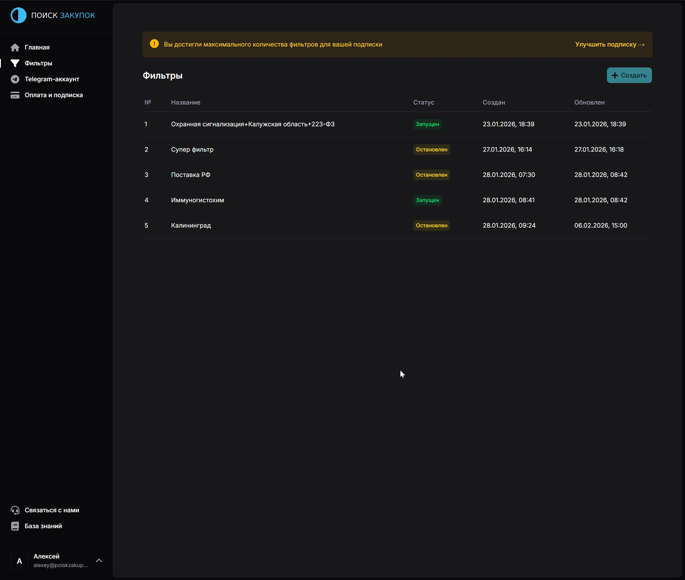Страница фильтров